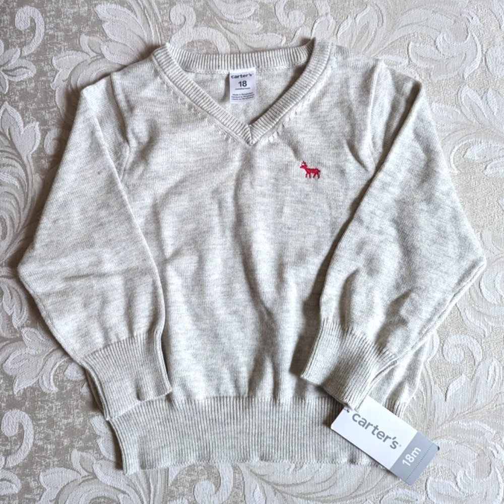 NWT Carter's Boys Knit Baby Reindeer Sweater V-Neck Pullover Card… - Picture 2 of 6